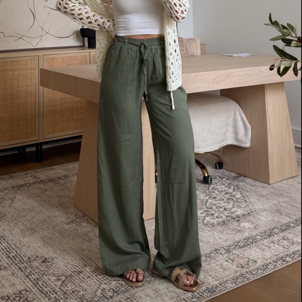 Wide Leg Drawstring Pants in Olive Green